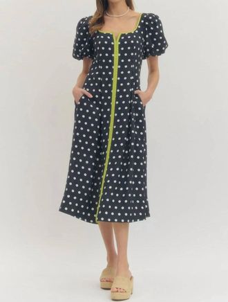 Entro Polka Dot Puff Sleeve Midi Dress In Navy