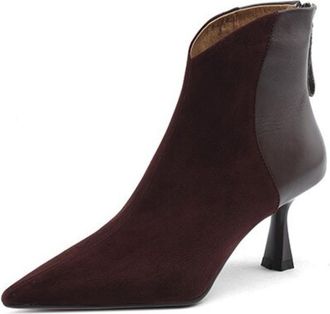 Generic Womens Suede PU Leather Mix Ankle Boots Pointed Toe Slim Stiletto Heels Side Zipper Contrast Panel Soft Lining Cushioned Insole Durable Outsole,Brown,