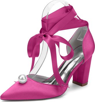 Generic Womens Pointed Toe Block Heel Pearl Wedding Shoes Bridal Chunky Heeled Prom Party Dress Shoes Pumps 8.5Cm,Fuchsia,10 UK