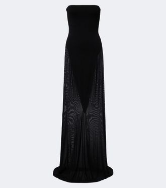 Alaia Ala&iuml;a Strapless jersey and mesh maxi dress