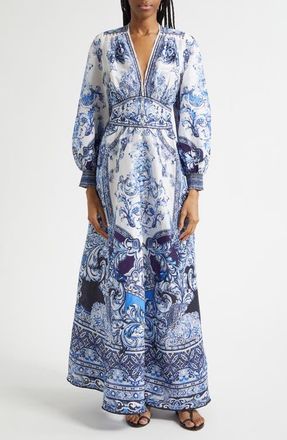 Camilla A Tiled Wonderland Long Sleeve Linen & Silk Twill Dress at Nordstrom, Size Medium