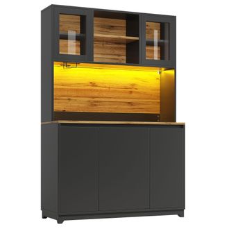 STILVORA Aparador De Cocina Alto Con Estantes Abiertos, Puertas De Acrilico, Led Y Compartimento Para Cubo, Negro, 120 X 40 X 180 Cm