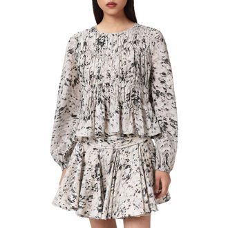 AllSaints Melani Print Gathered Peplum Top in Canter Ecru White at Nordstrom, Size 10 Us