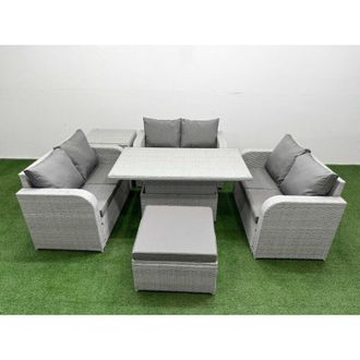 Fimous 7 Seater pe Wicker Rattan Furniture Sofa Sets with Adjustable Lifting Dining or Coffee Table 2 Seater Love Sofa Big Footstool Side Table Light Grey
