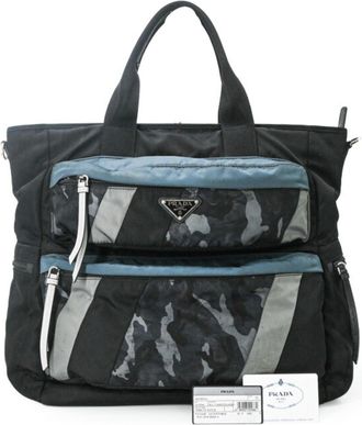 Prada Black Blue Canvas Handbag Tote Bag (Pre-Owned)