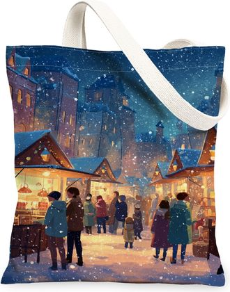 Generic Winter City Landscape Canvas Tote Bags, Cozy Urban Design Reusable Grocery Bags, Vintage Lightweight Washable Shoulder Stra, Blue, 13x15 Inch