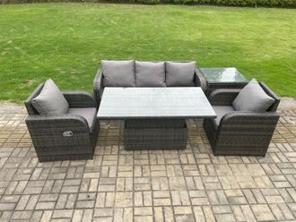 Fimous Wicker PE Rattan Outdoor Garden Furniture Set Adjustable Rising lifting Dining Table With Armchair Side Table in Dark Grey