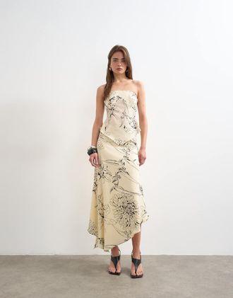 Topshop Gonna sottoveste lunga taglio sbieco a fiori monocromatici disegnati in coordinato-Bianco