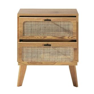 Calicosy 2-Drawer Bedside Table With Wood Finish & Rattan Fronts, 45 Cm in Light Brown
