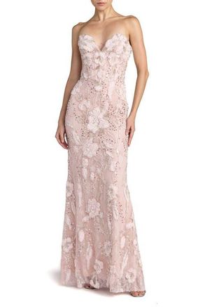 Mac Duggal Floral Beaded Mesh Strapless Column Gown in Porcelain at Nordstrom, Size 6