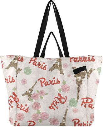 Generic Paris Pink Flowers print Reusable Canvas Tote Bag, Heavy Duty Grocery Shopping Bag with Hard Bottom Double Handles Large Capacity Work Groceries Trave