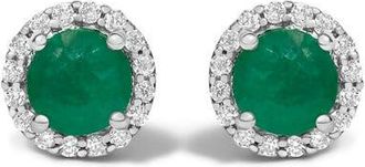 House of Brilliance 10K Gold Gemstone and 1/6 Cttw Diamond Halo Stud Earring in White | Green Emerald at Nordstrom