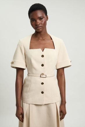 Karen Millen Womens Viscose Belted Square Neck Short Sleeve Tailored Jacket - Cream - Size 18 UK