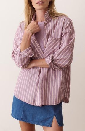 Marine Layer Jane Relaxed Pima Cotton Shirt in Purple Stripe at Nordstrom, Size X-Large