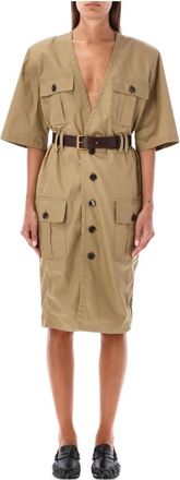 Saint Laurent Midi-jurk met riem - Dames - Casual kleedjes - Beige - XS - Katoen - Kleedjes