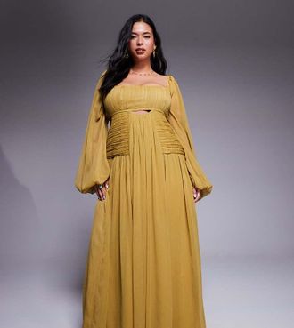 Asos Curve ASOS DESIGN Curve - Vestito lungo a maniche lunghe verde oliva con cut-out e gonna arricciata