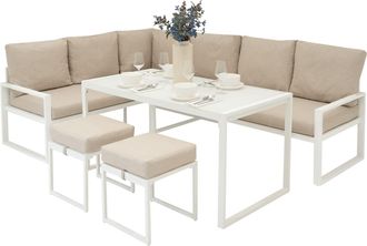Jardi Set Mobili Da Giardino In Alluminio 7 Posti Divano Angolare Da Esterno Con Tavolo Da Pranzo In Vetro Temperato E 2 Sgabelli, Cuscini Lavabili, Copertu