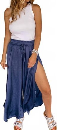 Hem & Thread Hammered Satin Wide Leg Side Slit Pants In Dusty Blue