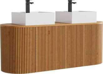 Vente-Unique Mobile Lavabo Sospeso In Teak Con Doppio Lavabo Da Appoggio Quadrato E Rubinetteria Naturale Chiaro 150 Cm - Towari