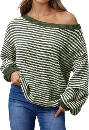 Generic Womens Striped Off Shoulder Knit Pullover Sweater Loose Oversized Long Sleeve Tunic Top Comfortable Casual Winter Fashion (Green, L)