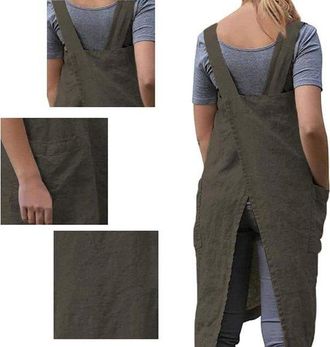 OEM Vestido Estilo Delantal Con Tirantes Cruzados En La Espalda, Bolsillos, Mezcla De Algod&oacute;n Y Lino, Talla Grande