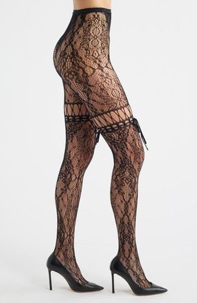High Heel Jungle Chevonne Satin Ribbon Lace Fishnet Tights in Black at Nordstrom