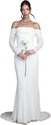 Coast Honoured Sequin Draped Bardot Long Sleeve Maxi Wedding Dress, 12, Ivory