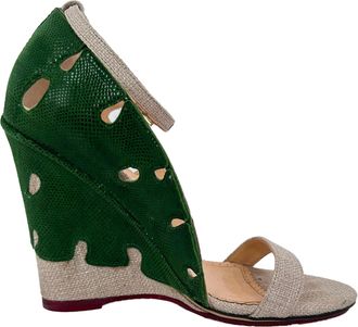 Charlotte Olympia Leaf Accent Sandal Heels in Green and Beige Raffia