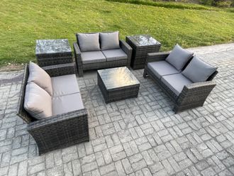 Fimous 6 PCS Outdoor Lounge Sofa Set Wicker PE Rattan Garden Furniture Set with Square Coffee Table Double Seat Sofa 2 Side Tables in Dark Grey