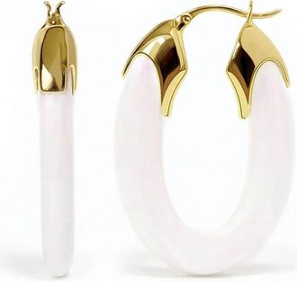Gold & Honey Womens Carved Oval Lucite Birthstone Hoop Earrings In June - Pearl