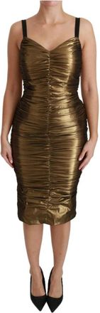 Dolce & Gabbana Gouden Gerimpelde Stretch Jurk - Dames - Feestkleedjes - Geel - 2XS - Polyester - Kleedjes