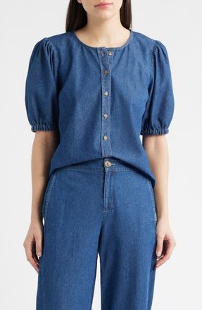 Anne Klein Puff Sleeve Denim Button-Up Shirt in Aries Wash at Nordstrom, Size Xx-Small