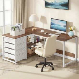 OEM Scrivania Angolare Reversibile A L Con 4 Cassetti E 2 Ripiani, 155 X 110 X 75 Cm, Noce E Bianco