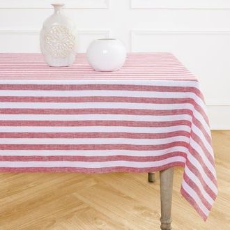 Solino Home Linen Tablecloth for Dining Table, Holiday and Everyday Dining Table Decor - Sorrento Stripe in Red And White at Nordstrom, Size X-Small