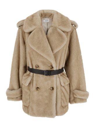 P.A.R.O.S.H. Beige Double-Breasted Jacket With Wide Revers And Waistband In Faux Fur Woman