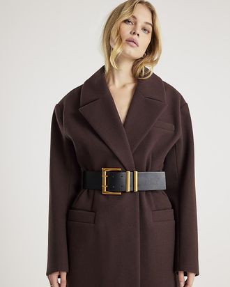 River Island Womens Coat Brown Longline Belted - Size 16 UK