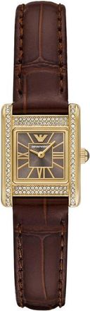 Emporio Armani Crystal Bezel Tank Leather Strap Watch, 19mm x 26mm in Brown at Nordstrom