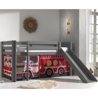 M&S Collection Cama De Media Altura 90x200 Con Tobog&aacute;n, Somier Y Funda Bombero Vipack Pino Gris