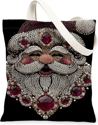 Generic Christmas Santa Canvas Tote Bags, Festive Pattern Reusable Grocery Bags, Holiday Lightweight Washable Shoulder Strap for Tr, Black, 13x15 Inch