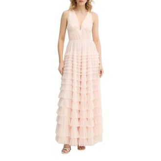 Twinset Gowns, female, Pink, Size: S Ruffled Tulle Maxi Dress