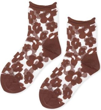 Hansel From Basel Poppy Flower Sheer Crew Socks in Mocha at Nordstrom