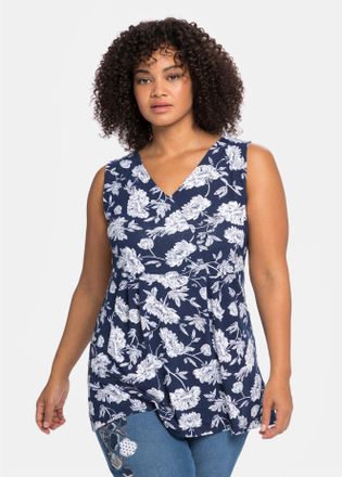 Sheego Longtop SHEEGO BY JOE BROWNS, Damen, Gr. 40, blau (blau bedruckt), 95% Viskose, 5% Elasthan, Spitze:100% Baumwolle, gebl&uuml;mt, gemustert, V-Ausschnitt, 