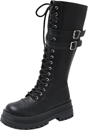 Generic Lace Up Boots for Women Low Heel Flat Chunky Mid Calf Booties Stylish Thick Sole Non-Slip Buckle Side Zipper Comfortable Biker Boots Fall Winter
