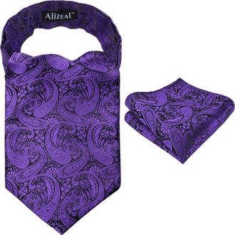 Alizeal Mens Paisley Jacquard Ascot Hanky Business Formal Classic Elegant Gift Cravat Tie and Pocket Square Set, Dark Purple