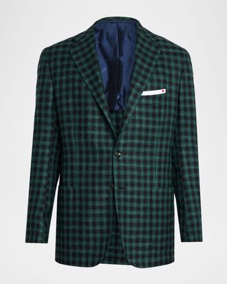 Kiton Men & apos;s Cashmere-Wool Green and Blue Check Sport Coat