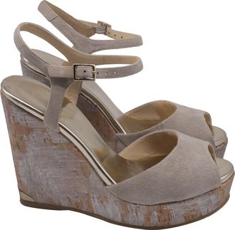 Jimmy Choo London Ankle Strap Cork Wedge Sandals in Beige Suede