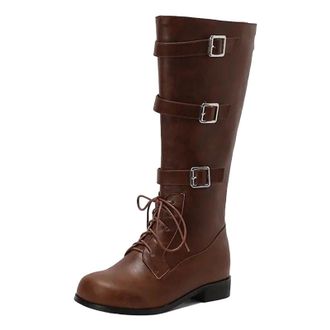 Generic Womens Knee High Riding Boots Round Toe Low Block Heel With Lace Up Front Side Zipper And Adjustable Buckles