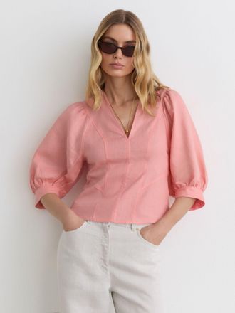 Reiss Coral Pink Linen Balloon-sleeve Top, 12