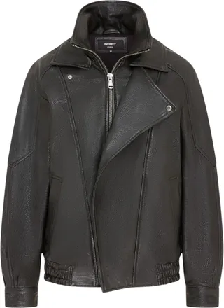 Infinity Leather Womens Black Lamb Leather Biker Blouson Oversized Jacket - Big Bomber
