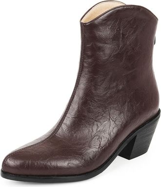 Generic Womens Retro Crinkled Leather Ankle Boots with Chunky Cowboy Heel Pointed Toe Side Zipper Design for Daily Streetwear Weekend,Brown,4.5 UK